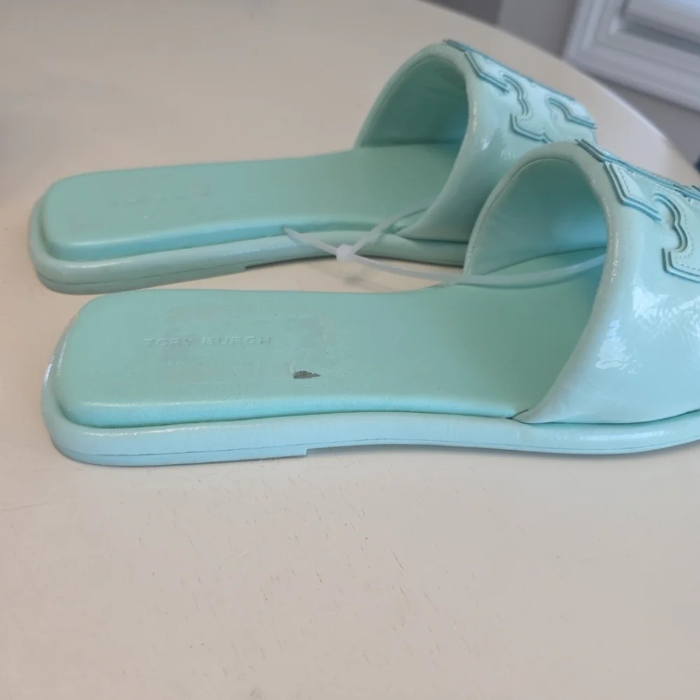 Tory Burch Double T Leather Sport Slide Caribbean Mist Size 11